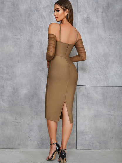 Strappy Long Sleeve Ruched Midi Bandage Dress