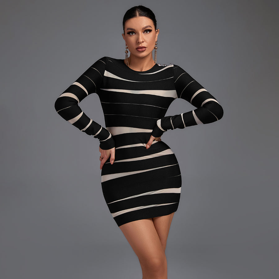 Round Neck Long Sleeve Mesh Mini Stripe Bandage Dress