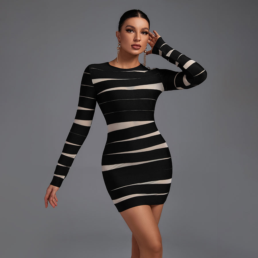 Round Neck Long Sleeve Mesh Mini Stripe Bandage Dress