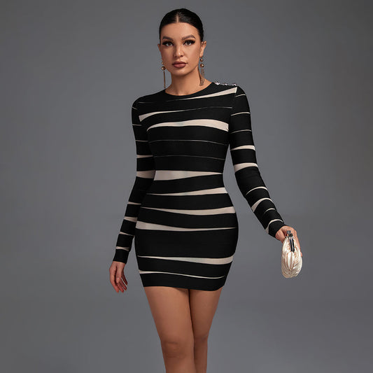 Round Neck Long Sleeve Mesh Mini Stripe Bandage Dress