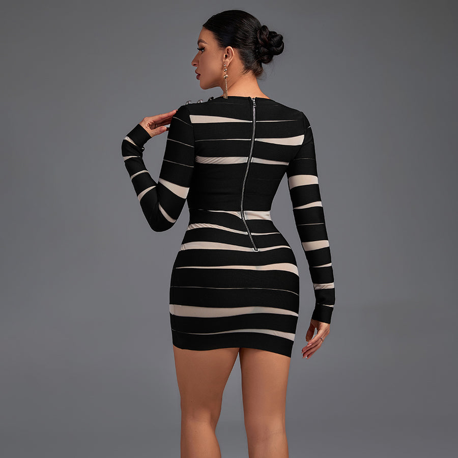 Round Neck Long Sleeve Mesh Mini Stripe Bandage Dress