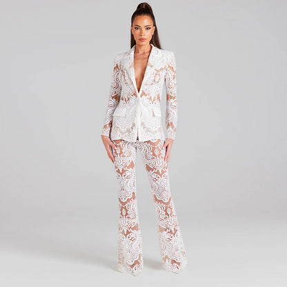 Long Sleeve Sheer Summer Stocking Lace Pant Suit