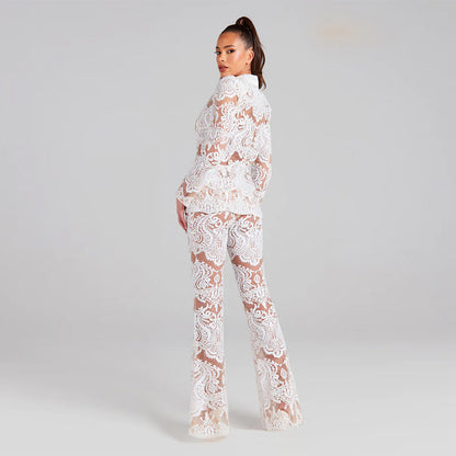 Long Sleeve Sheer Summer Stocking Lace Pant Suit