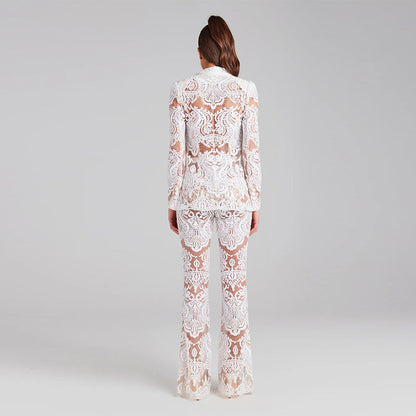 Long Sleeve Sheer Summer Stocking Lace Pant Suit