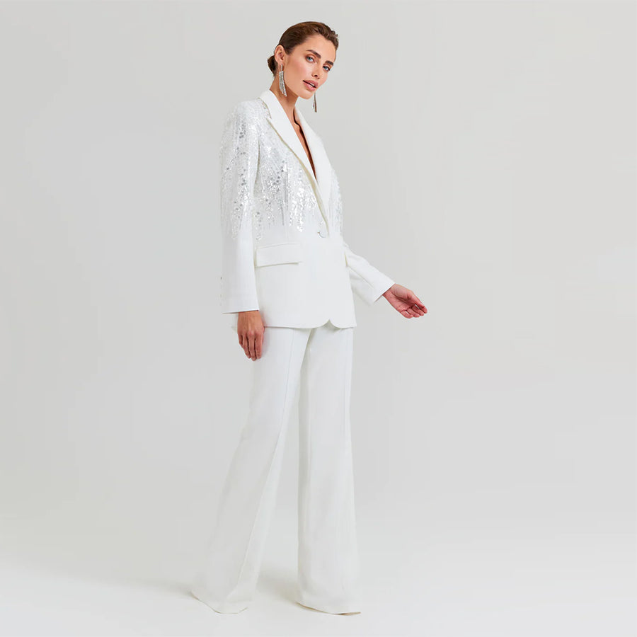 V Neck Long Sleeve Sequins Blazer Pant Suit