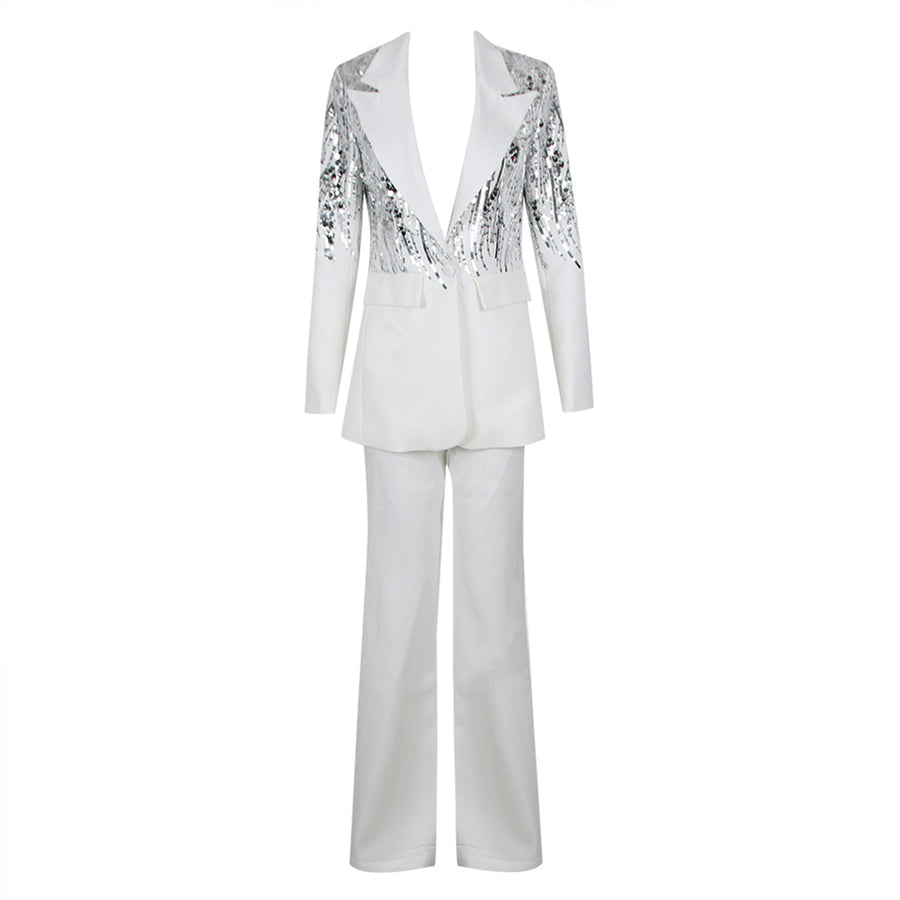 V Neck Long Sleeve Sequins Blazer Pant Suit