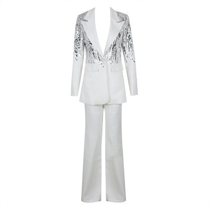 V Neck Long Sleeve Sequins Blazer Pant Suit