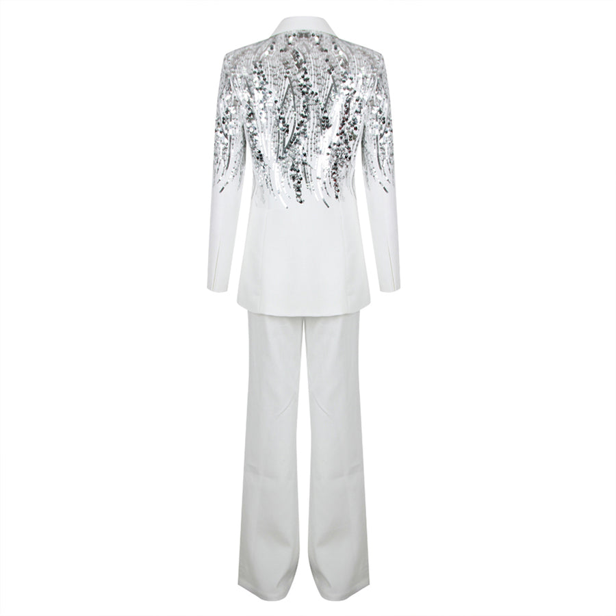 V Neck Long Sleeve Sequins Blazer Pant Suit