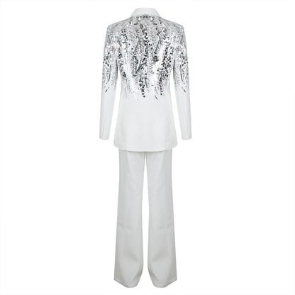 V Neck Long Sleeve Sequins Blazer Pant Suit