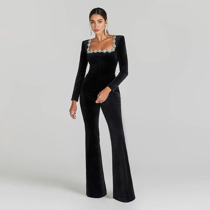 Square Daisy Collar Long Sleeve Velvet Jumpsuit