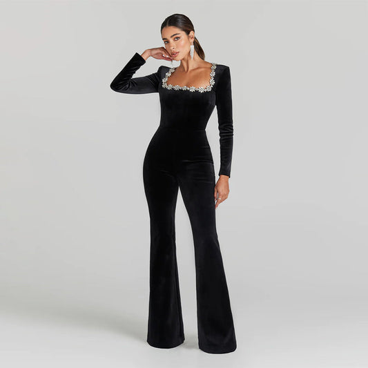 Square Daisy Collar Long Sleeve Velvet Jumpsuit