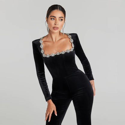 Square Daisy Collar Long Sleeve Velvet Jumpsuit