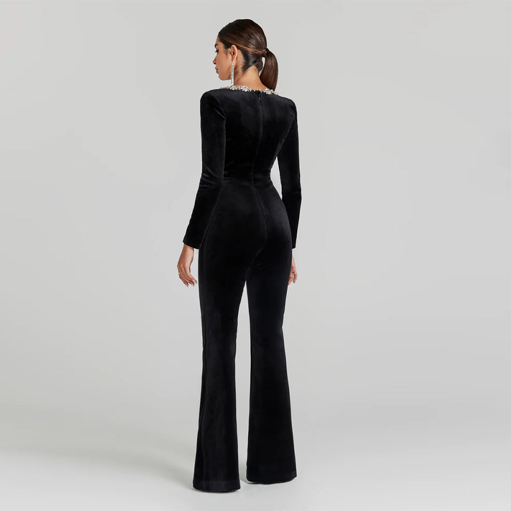 Square Daisy Collar Long Sleeve Velvet Jumpsuit