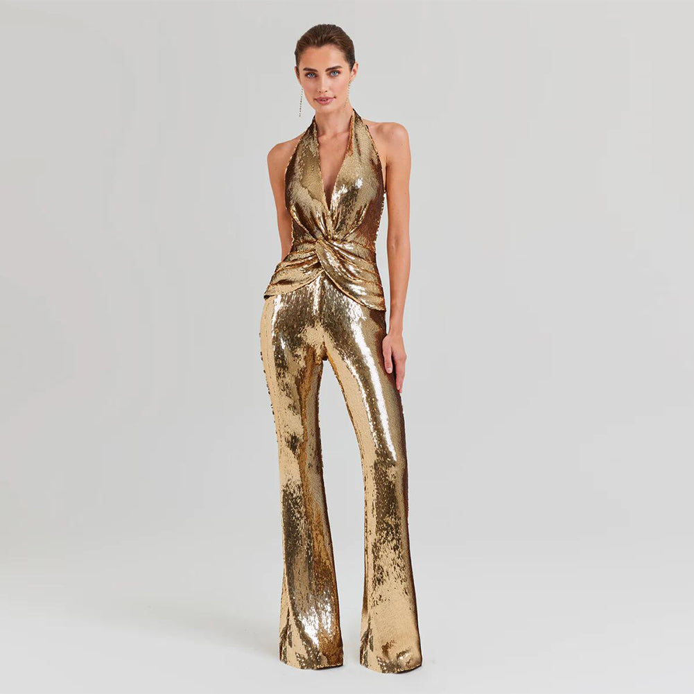 Gold Star Sleeveless Halter Sequin Jumpsuit