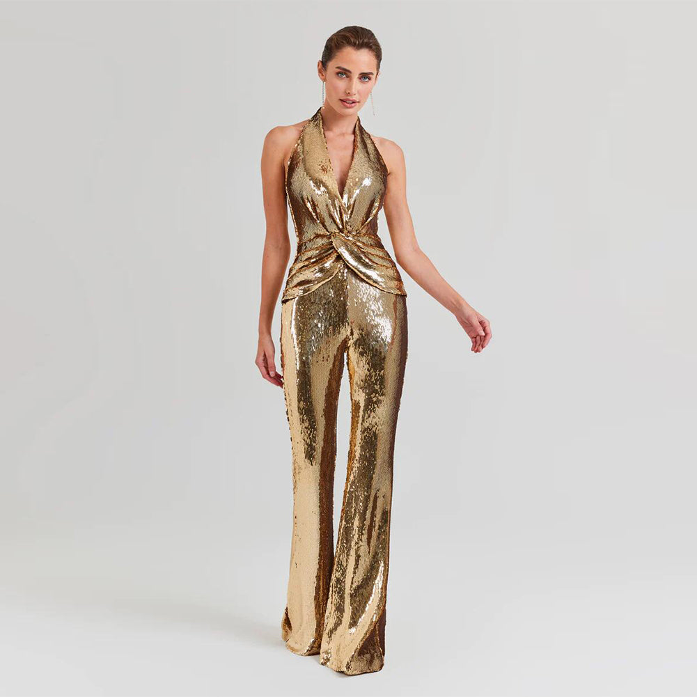 Gold Star Sleeveless Halter Sequin Jumpsuit