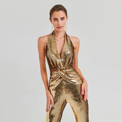 Gold Star Sleeveless Halter Sequin Jumpsuit