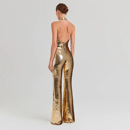 Gold Star Sleeveless Halter Sequin Jumpsuit