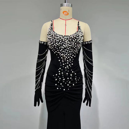 Strapless Drill Chain Maxi Bodycon Dress/ Gloves Included