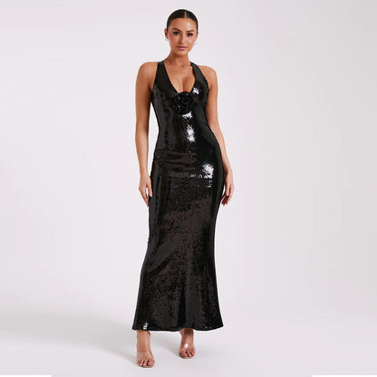 Black Center Rose Strappy Sequin Maxi Dress