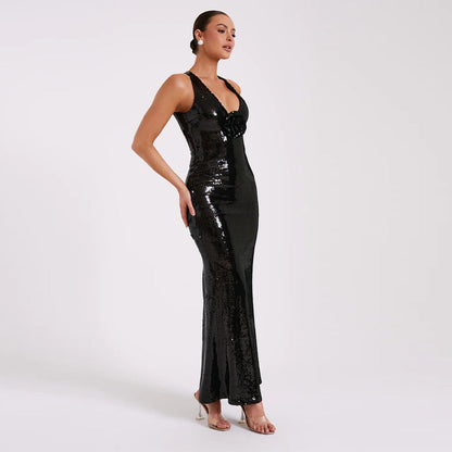 Black Center Rose Strappy Sequin Maxi Dress