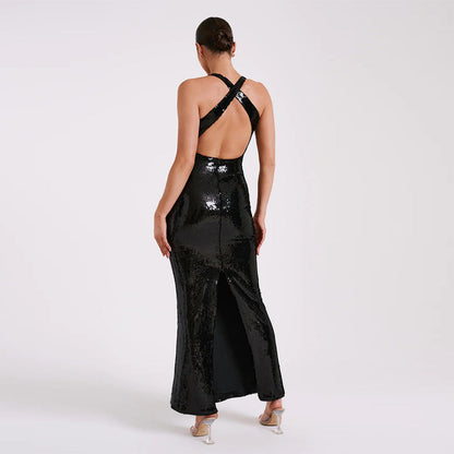 Black Center Rose Strappy Sequin Maxi Dress