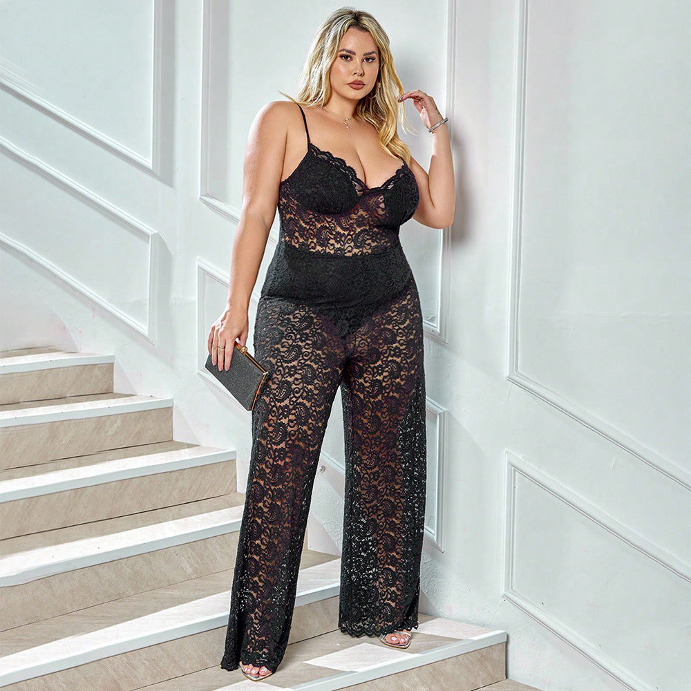 Plus Size Lined Lace Strappy Jumpsuit