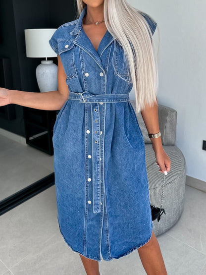 Collared Neck Cap Sleeve Midi Denim Dress