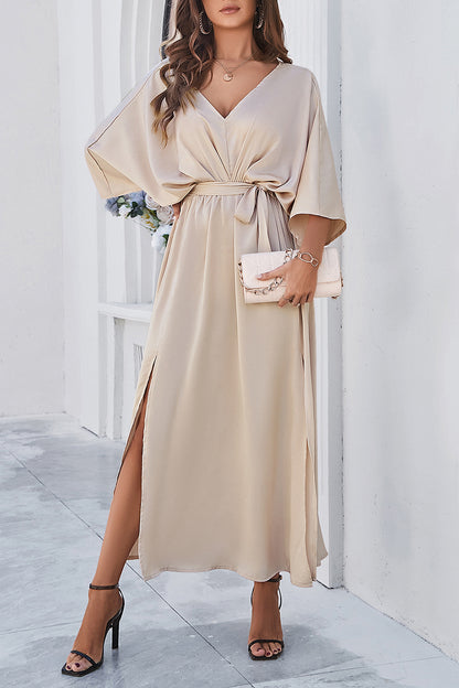 V-Neck Double Slit Belted Maxi Dress