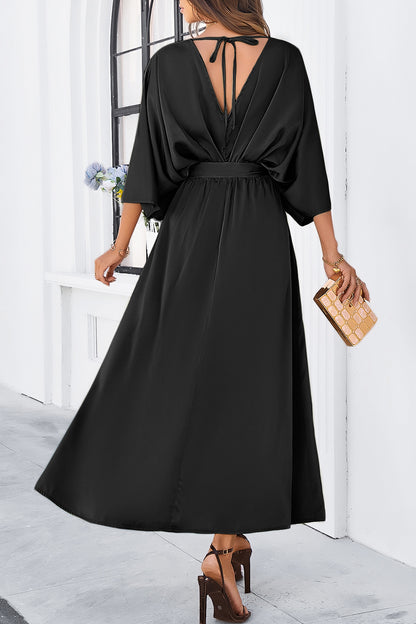 V-Neck Double Slit Belted Maxi Dress