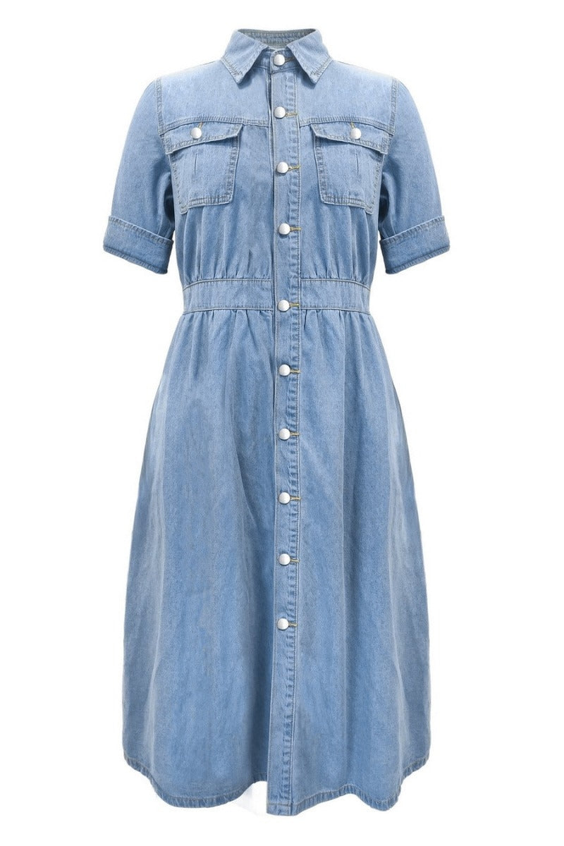 Short Sleeve Single Breasted Button Down Denim Midi Dress