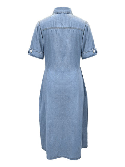 Short Sleeve Single Breasted Button Down Denim Midi Dress