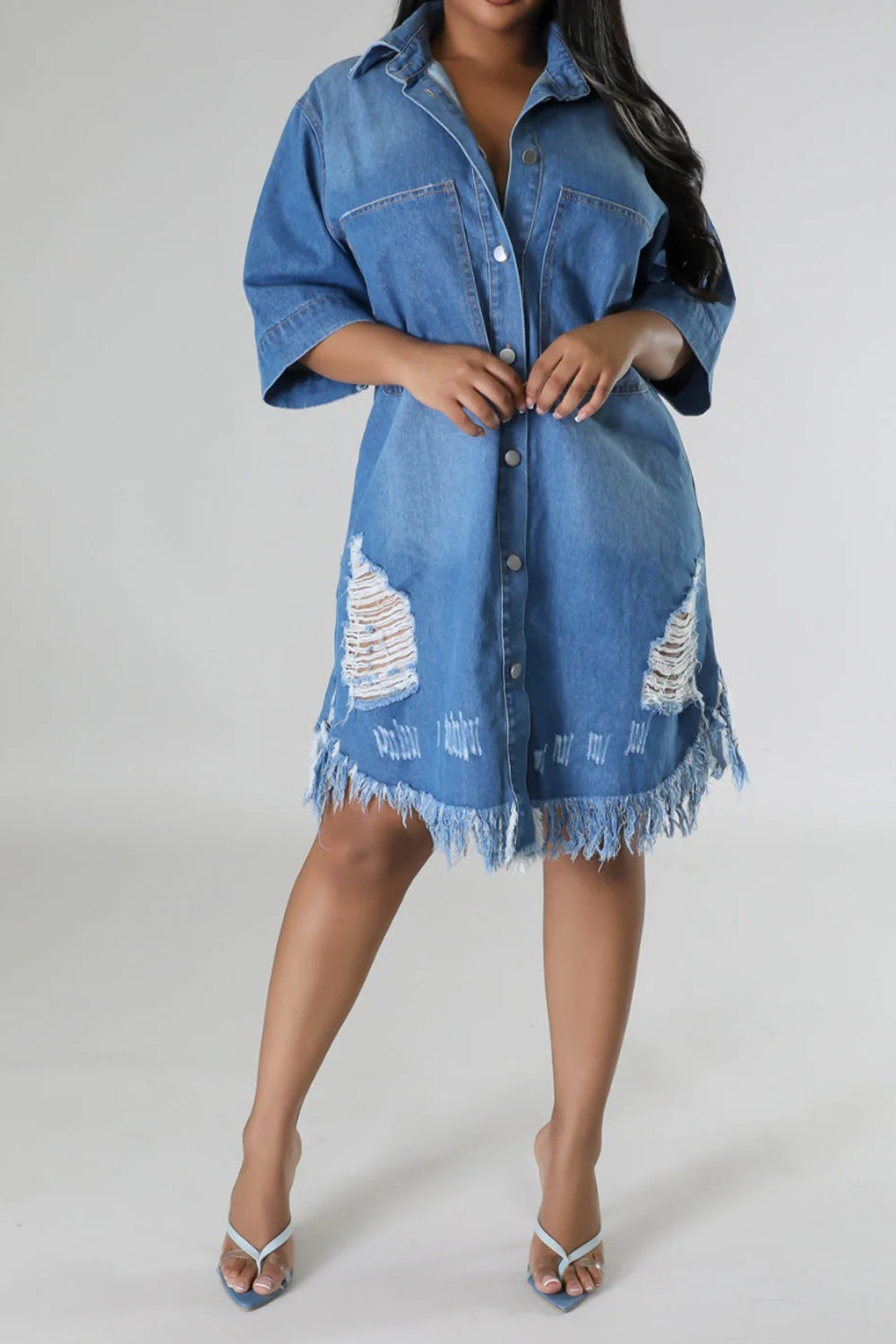 Distressed Raw Hem Button Up Denim Midi Dress