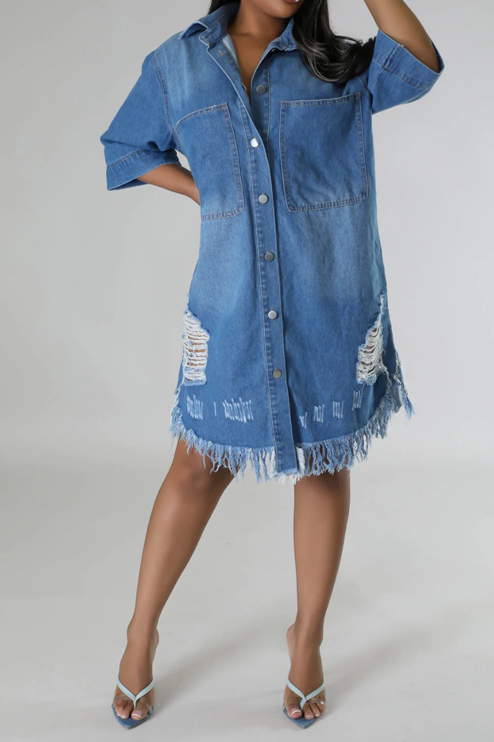 Distressed Raw Hem Button Up Denim Midi Dress