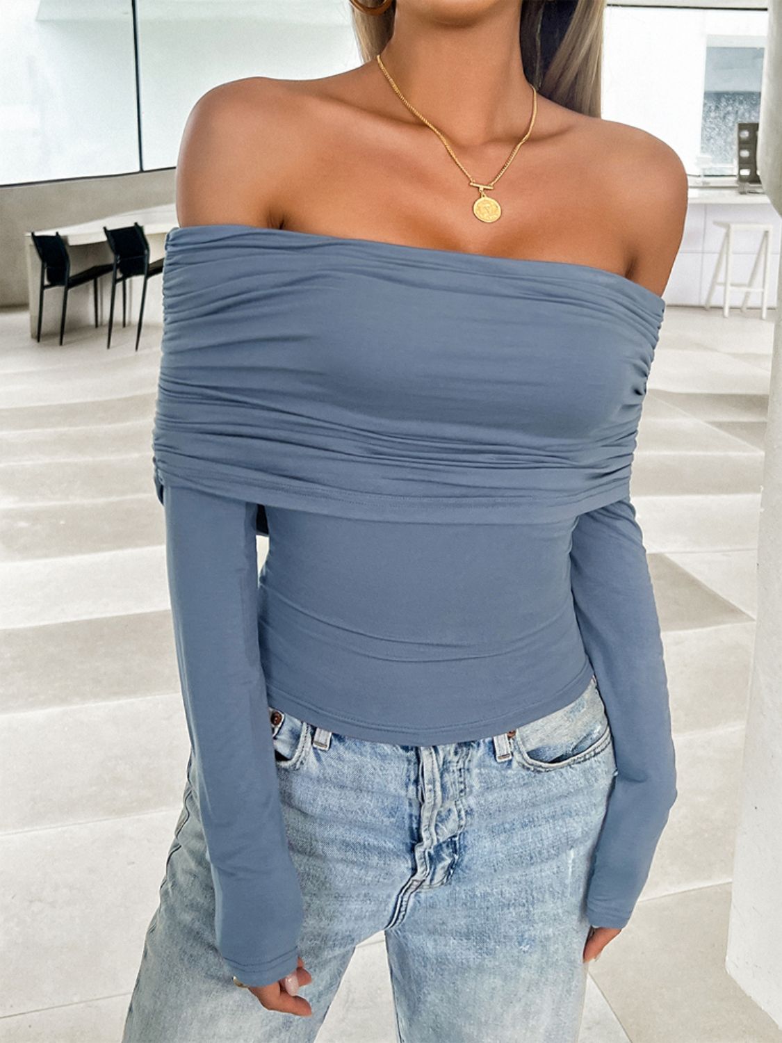 Ruched Off-Shoulder Long Sleeve Shirt