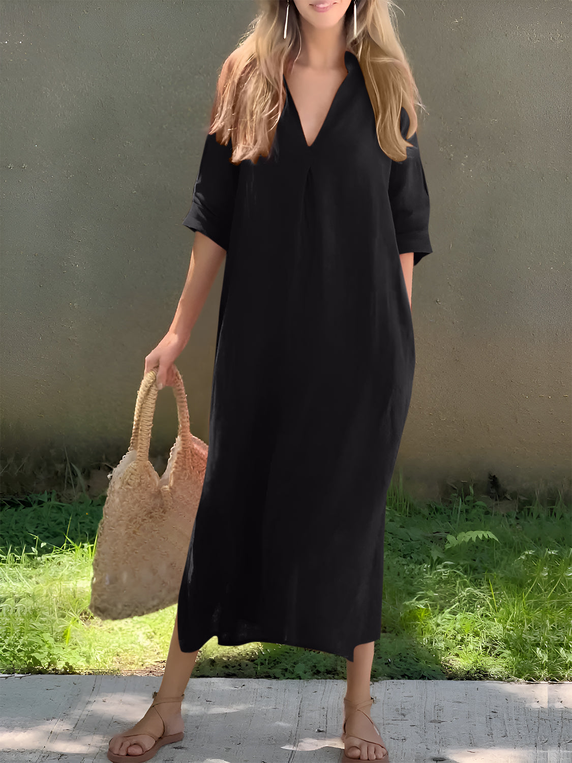 V-Neck Notched Half Sleeve Maxi Dress