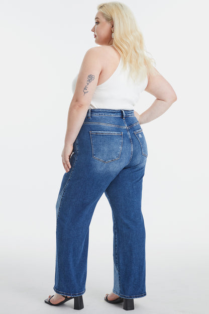 High Waist Two-Tone Patch Wide Leg Jeans (0-22W)