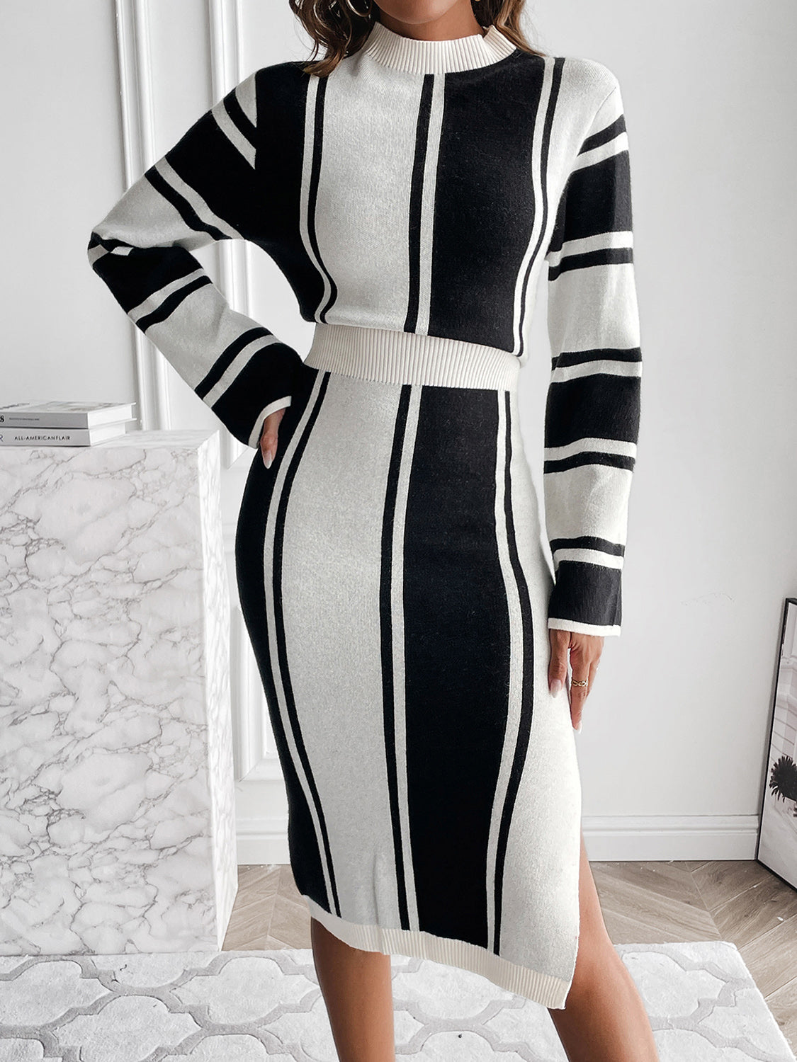 Slit Striped Mock Neck Midi Sweater Dress