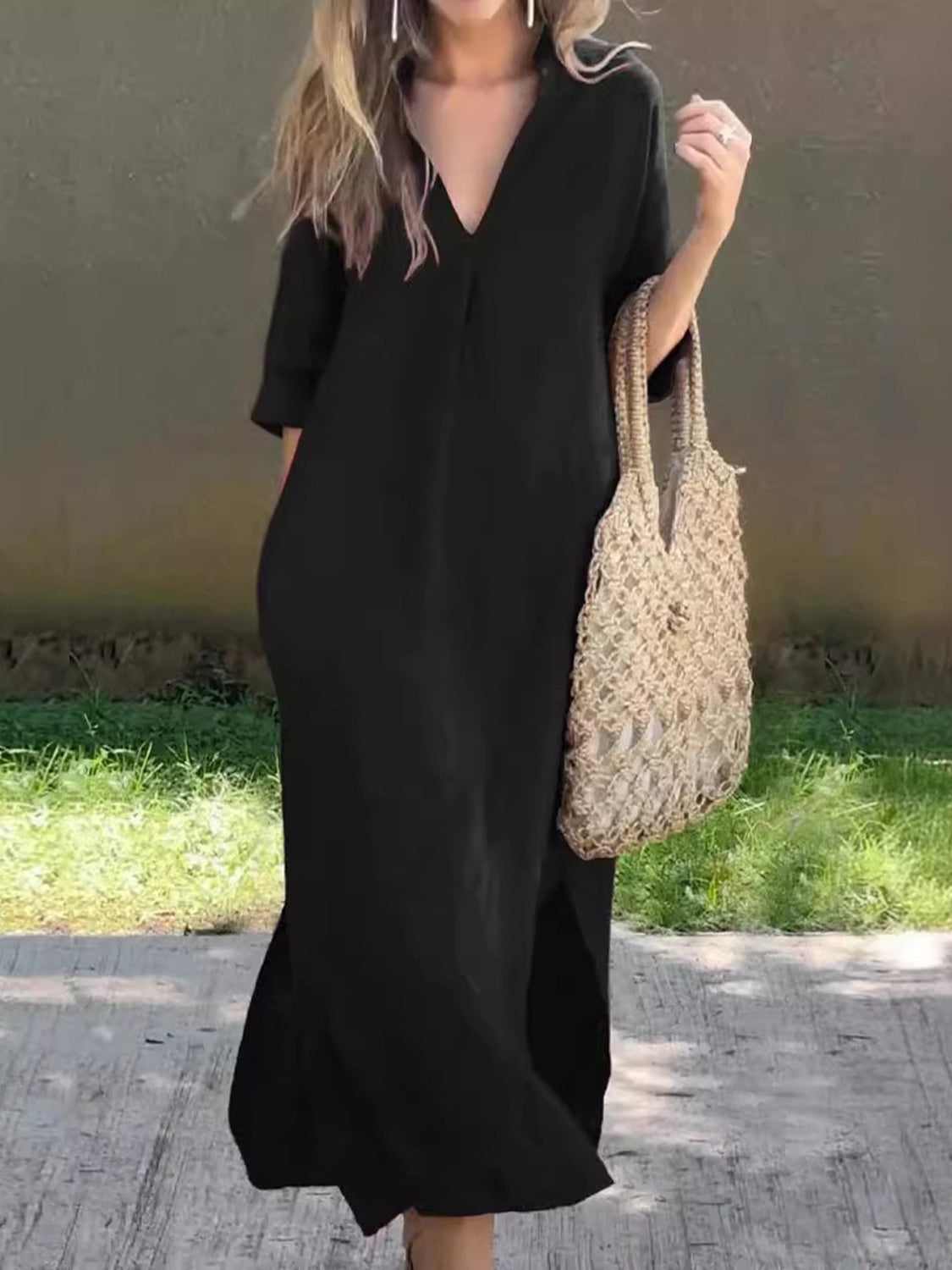 V-Neck Notched Half Sleeve Maxi Dress