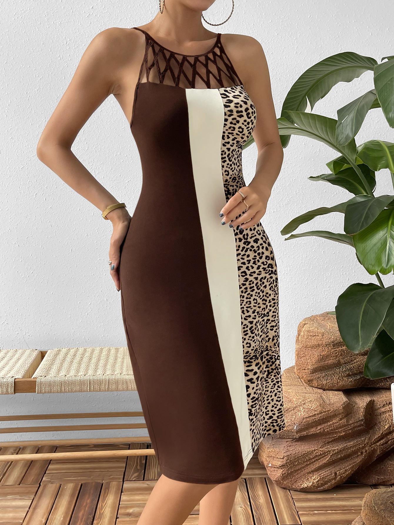 Leopard Color Block Cut-Out Midi Dress