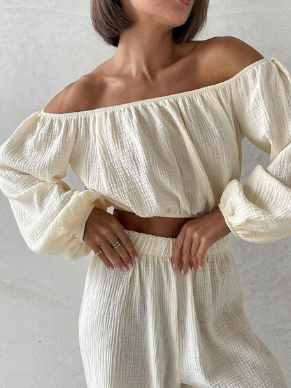 Off Shoulder Long Sleeve Crop Top and Pants Set