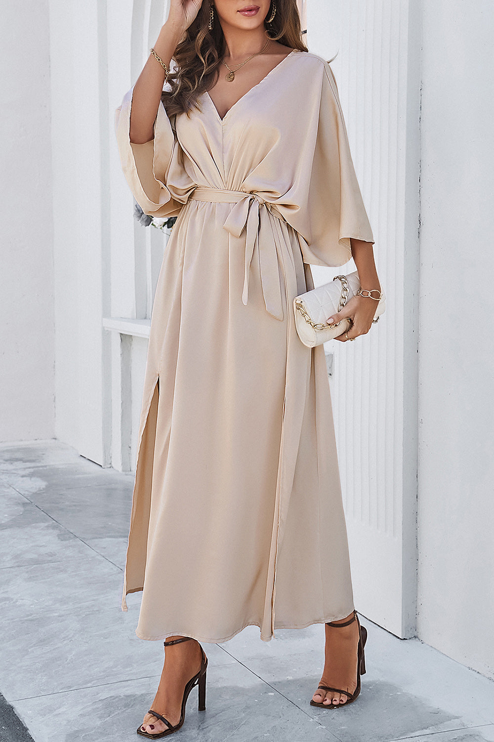 V-Neck Double Slit Belted Maxi Dress