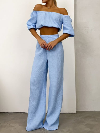 Off Shoulder Long Sleeve Crop Top and Pants Set