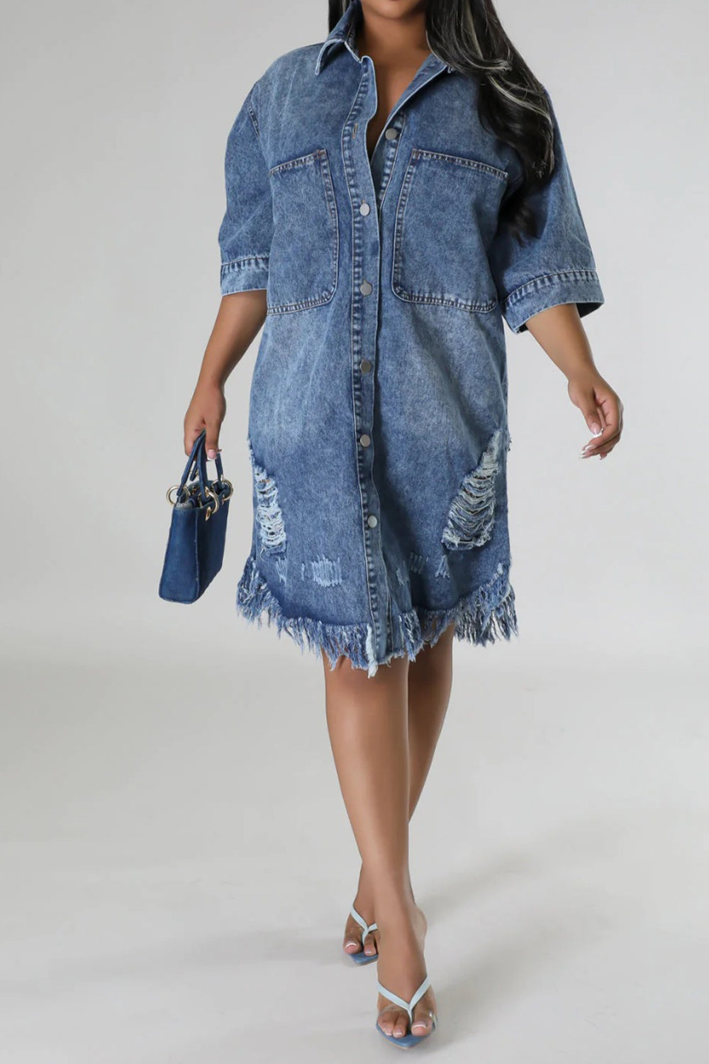 Distressed Raw Hem Button Up Denim Midi Dress