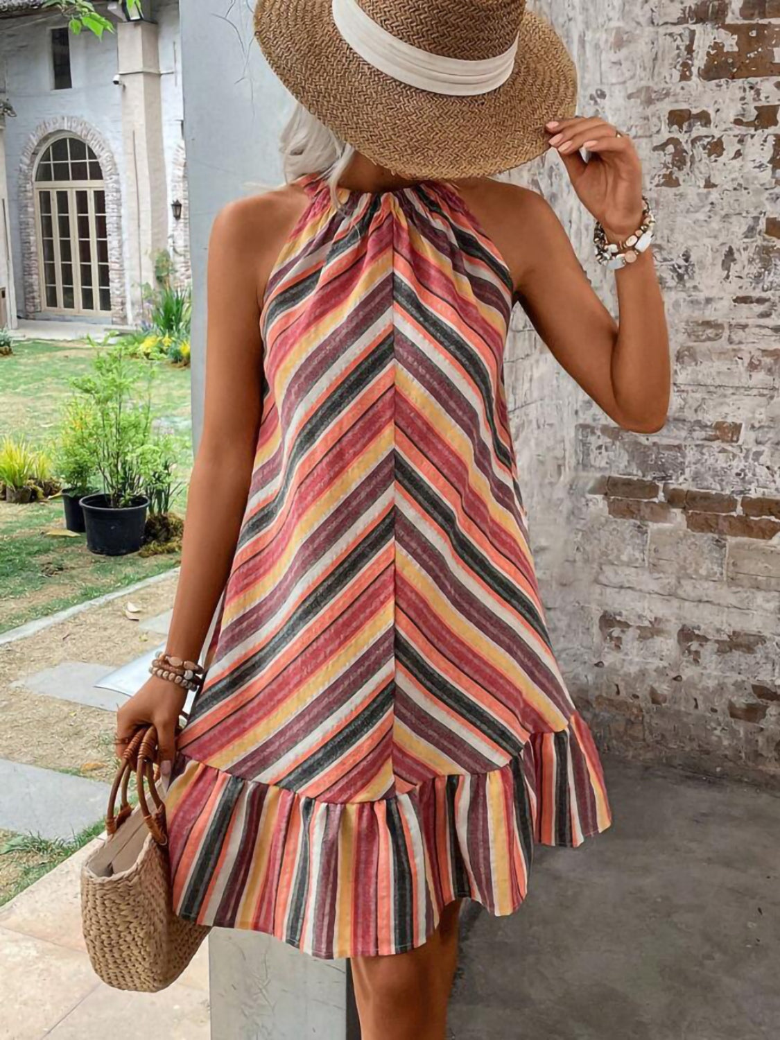 Striped Grecian Neck Midi Dress