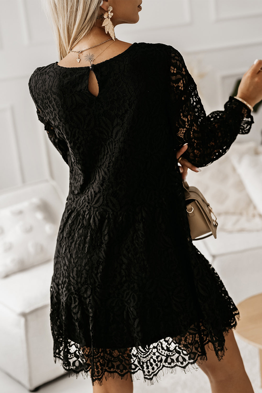 Black Lace Detail Round Neck Mini Dress