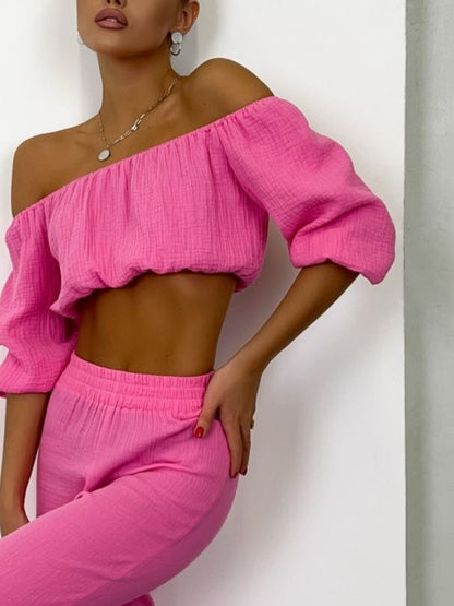 Off Shoulder Long Sleeve Crop Top and Pants Set