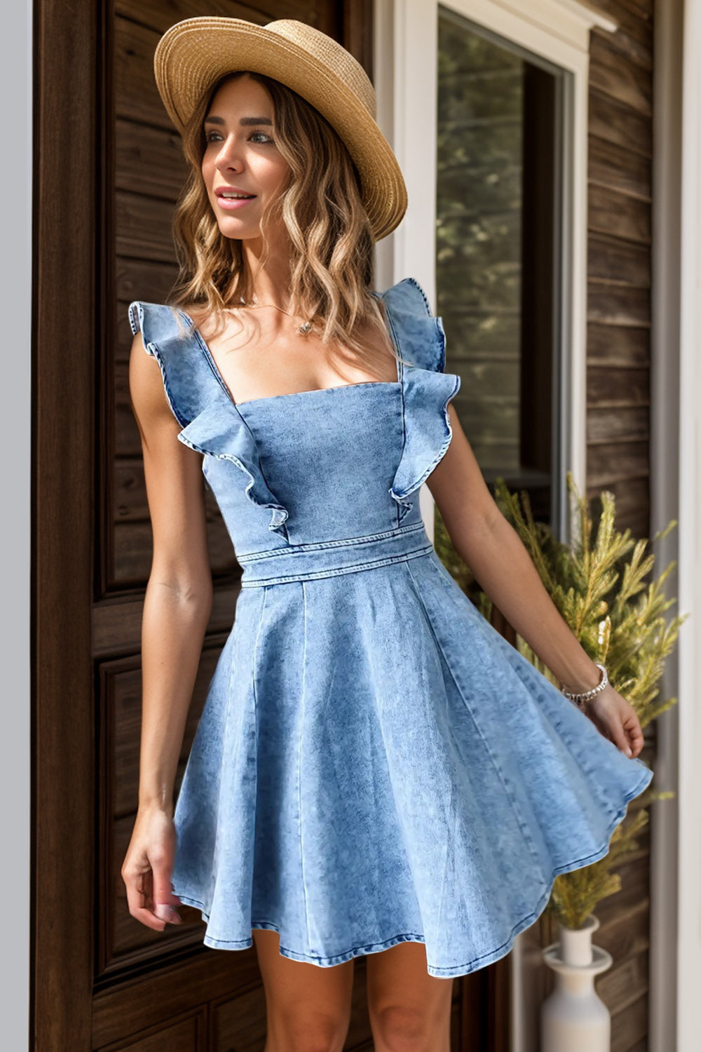 Ruffled Square Neck Denim Mini Dress