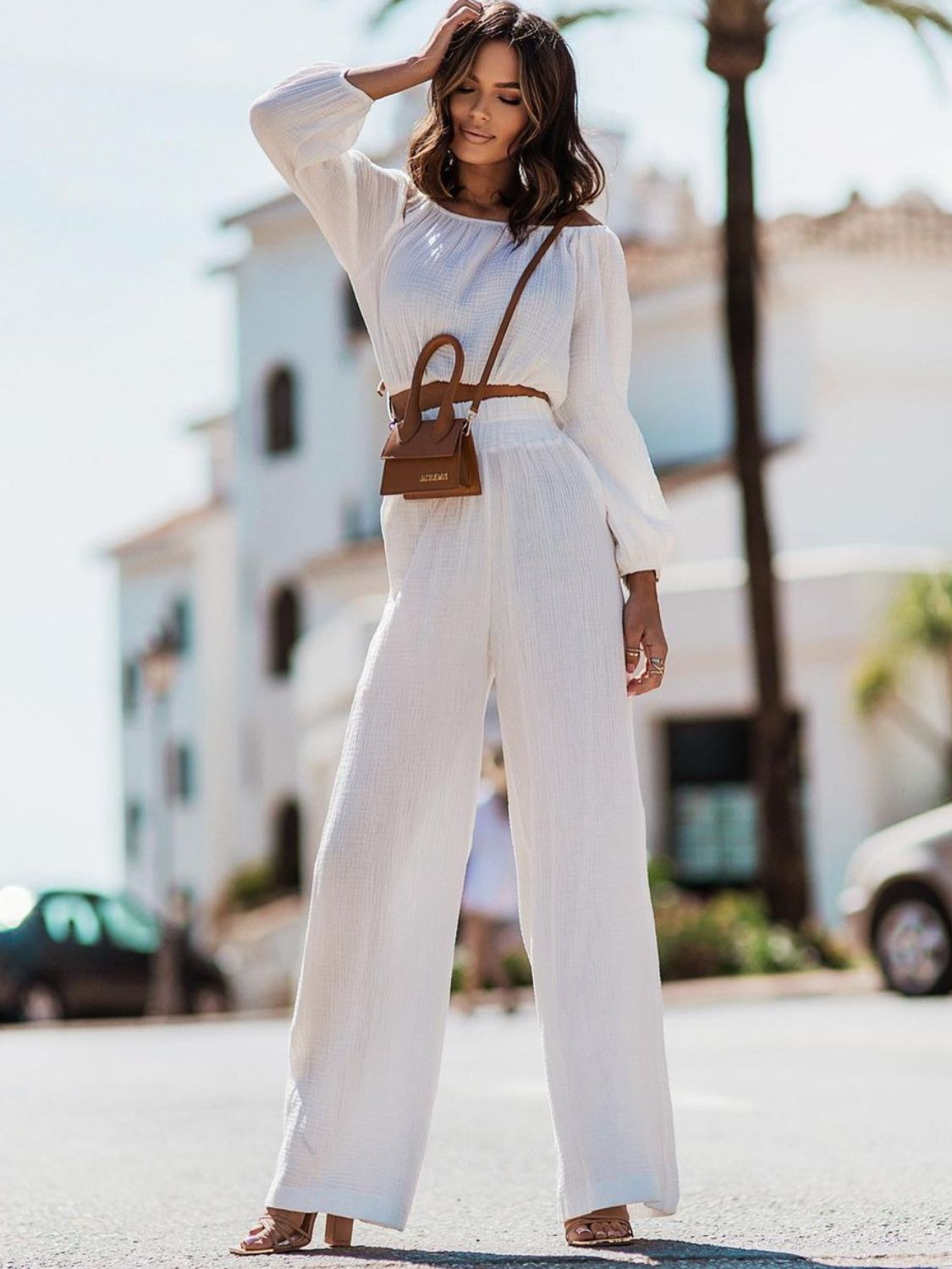 Off Shoulder Long Sleeve Crop Top and Pants Set