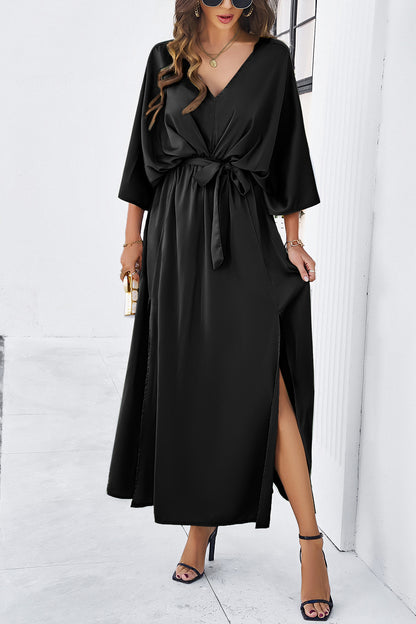 V-Neck Double Slit Belted Maxi Dress