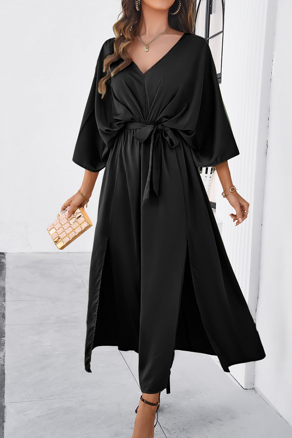 V-Neck Double Slit Belted Maxi Dress